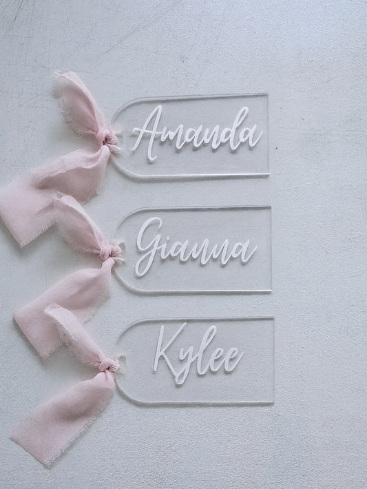 Arch Acrylic Placecards W/ Ribbon - Clear & Mirror Gold