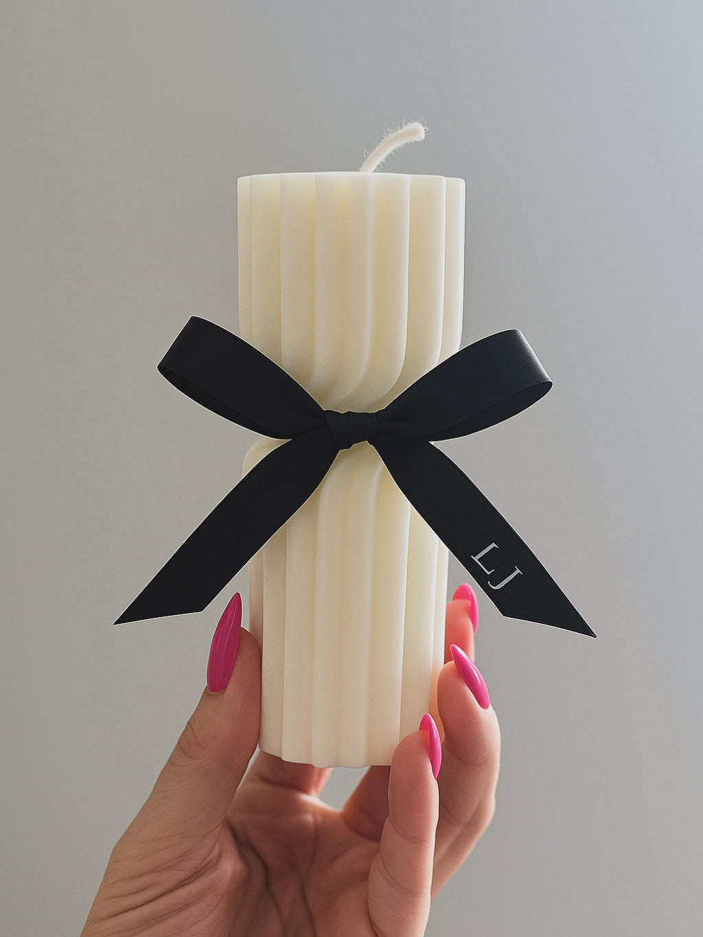 Small Ribbed Pillar Candle with Personalised Ribbon