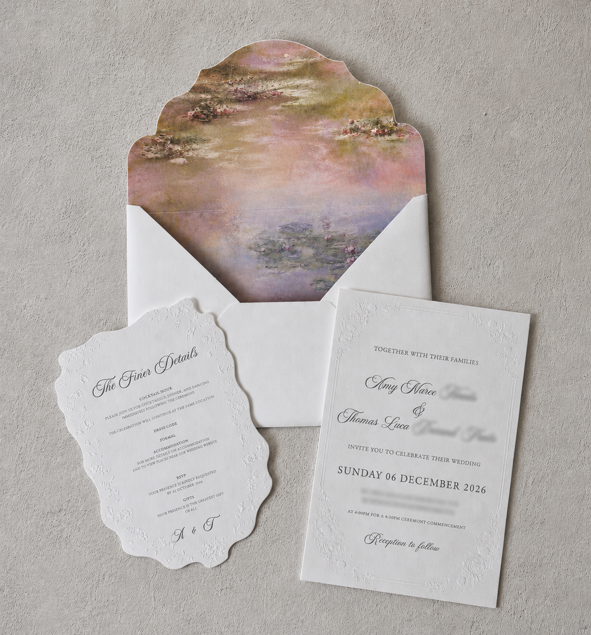 luxury wedding invitations Australia, embossed wedding invitations, custom wedding stationery Melbourne, garden wedding invitations, romantic wedding invitations, watercolour envelope liner, luxury invitation suite, bespoke wedding stationery, estate wedding invitations, fine art wedding invitations.