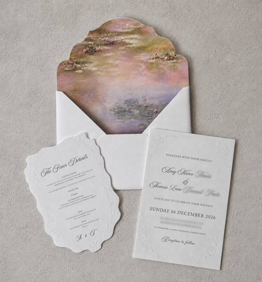 luxury wedding invitations Australia, embossed wedding invitations, custom wedding stationery Melbourne, garden wedding invitations, romantic wedding invitations, watercolour envelope liner, luxury invitation suite, bespoke wedding stationery, estate wedding invitations, fine art wedding invitations.