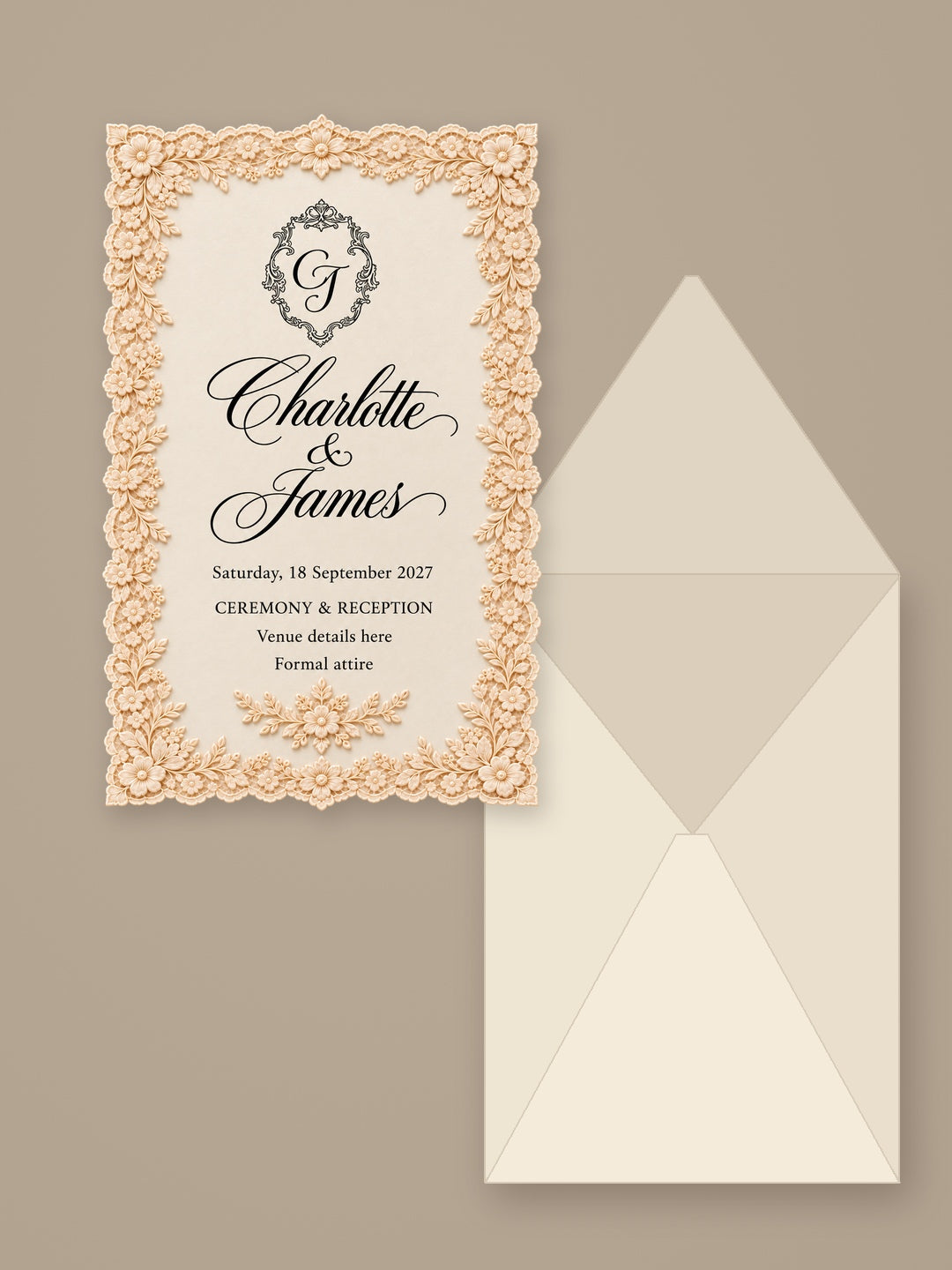 Cream digital wedding invitation design with an ornate lace border beside an open envelope.