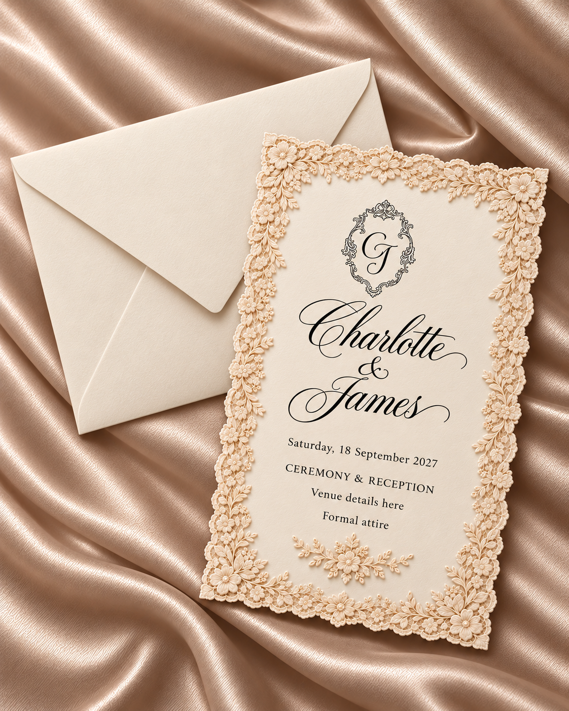 Digital wedding invitation design with a cream lace border and envelope on satin.