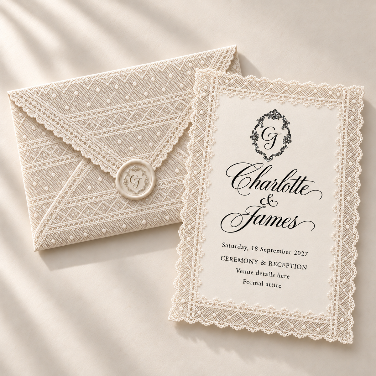 Cream digital wedding invitation design with geometric lace edging and a matching patterned envelope.