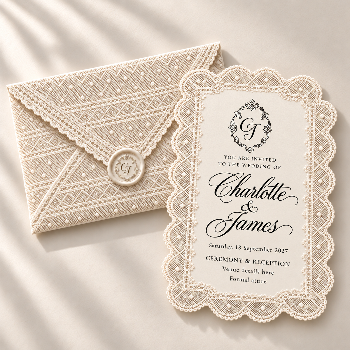 Scalloped cream digital wedding invitation design with geometric lace and a matching patterned envelope.