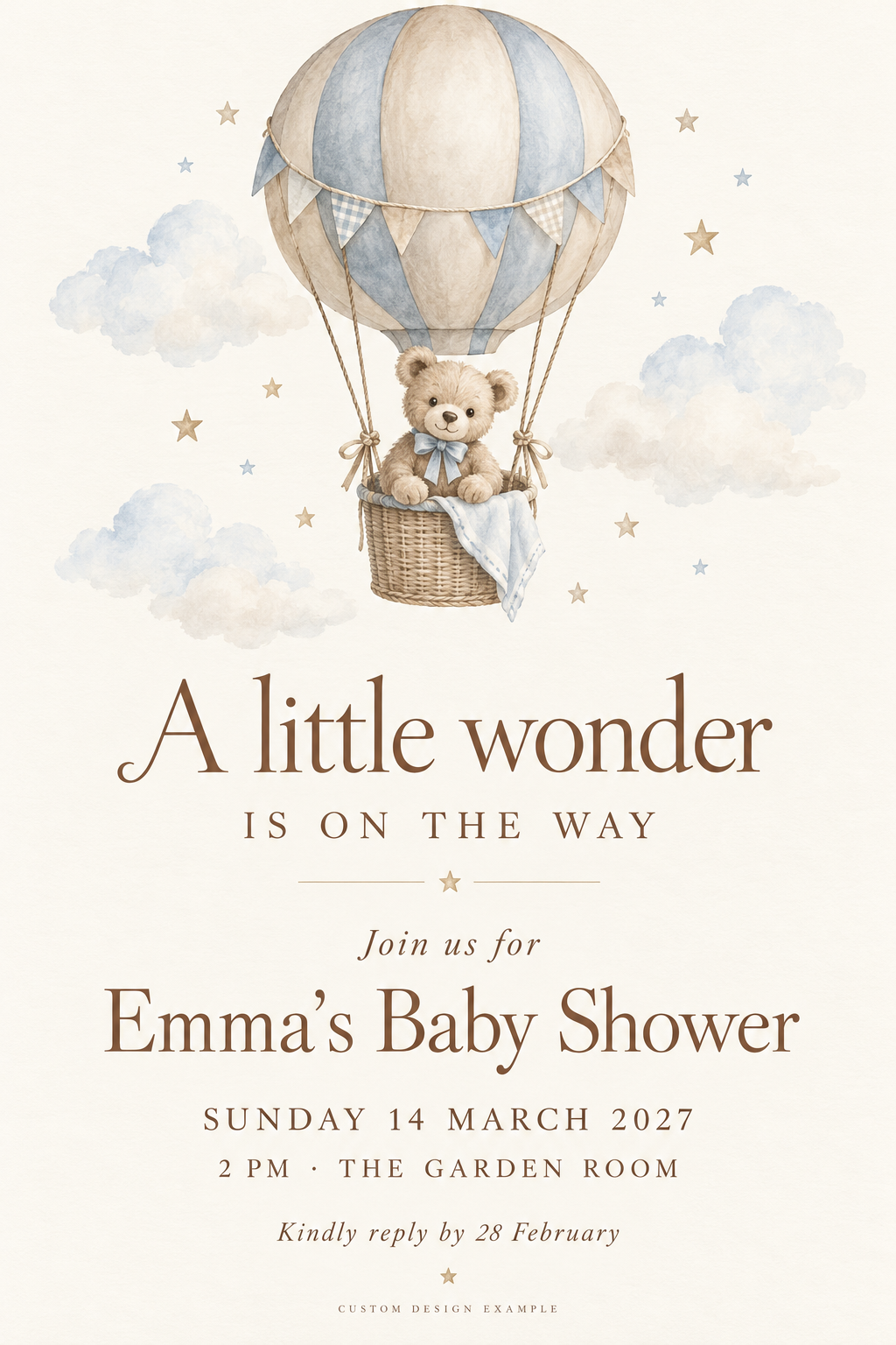 Baby shower digital invitation design with a teddy bear in a pastel hot-air balloon.