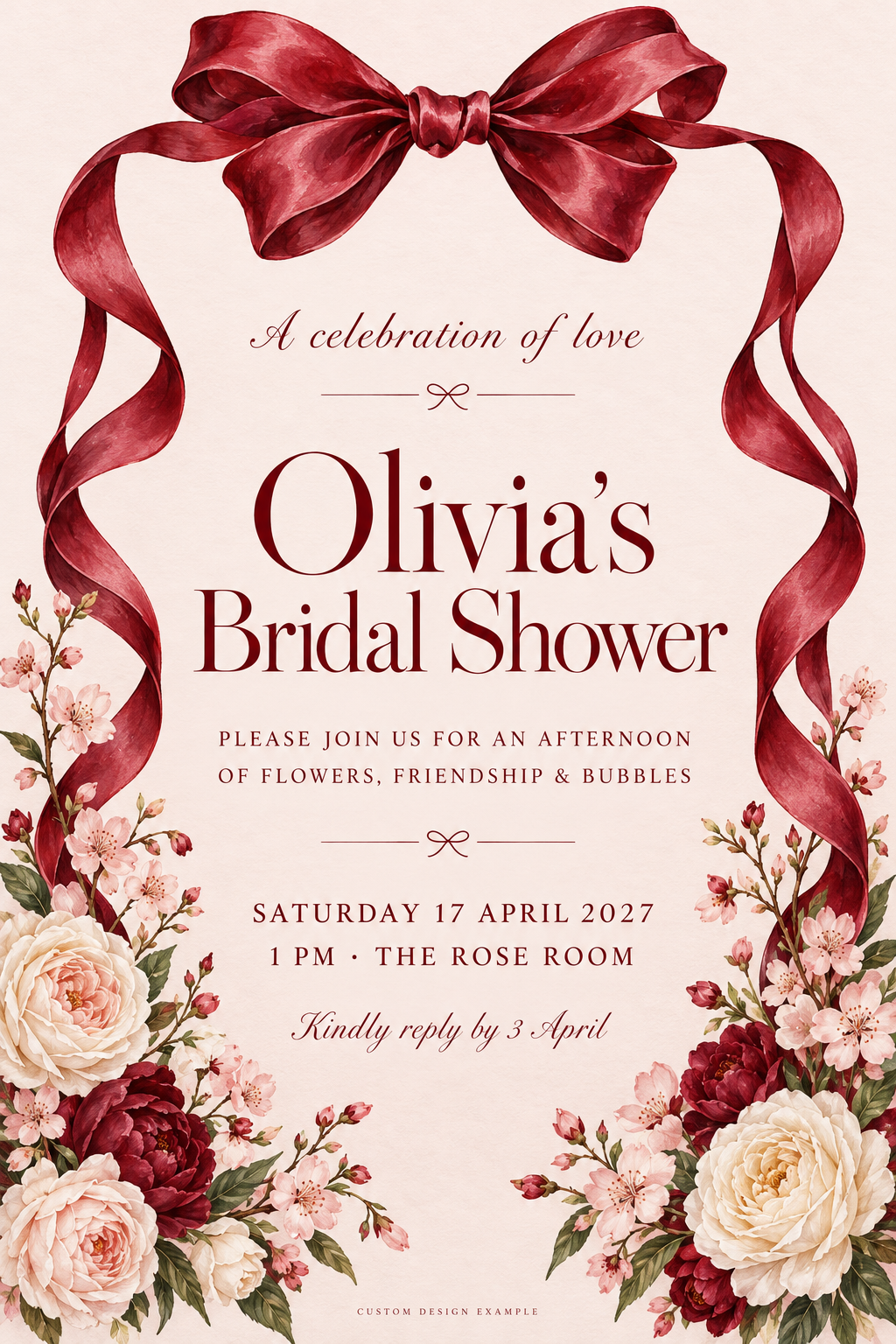 Bridal shower digital invitation design with a burgundy ribbon bow and pink floral border.