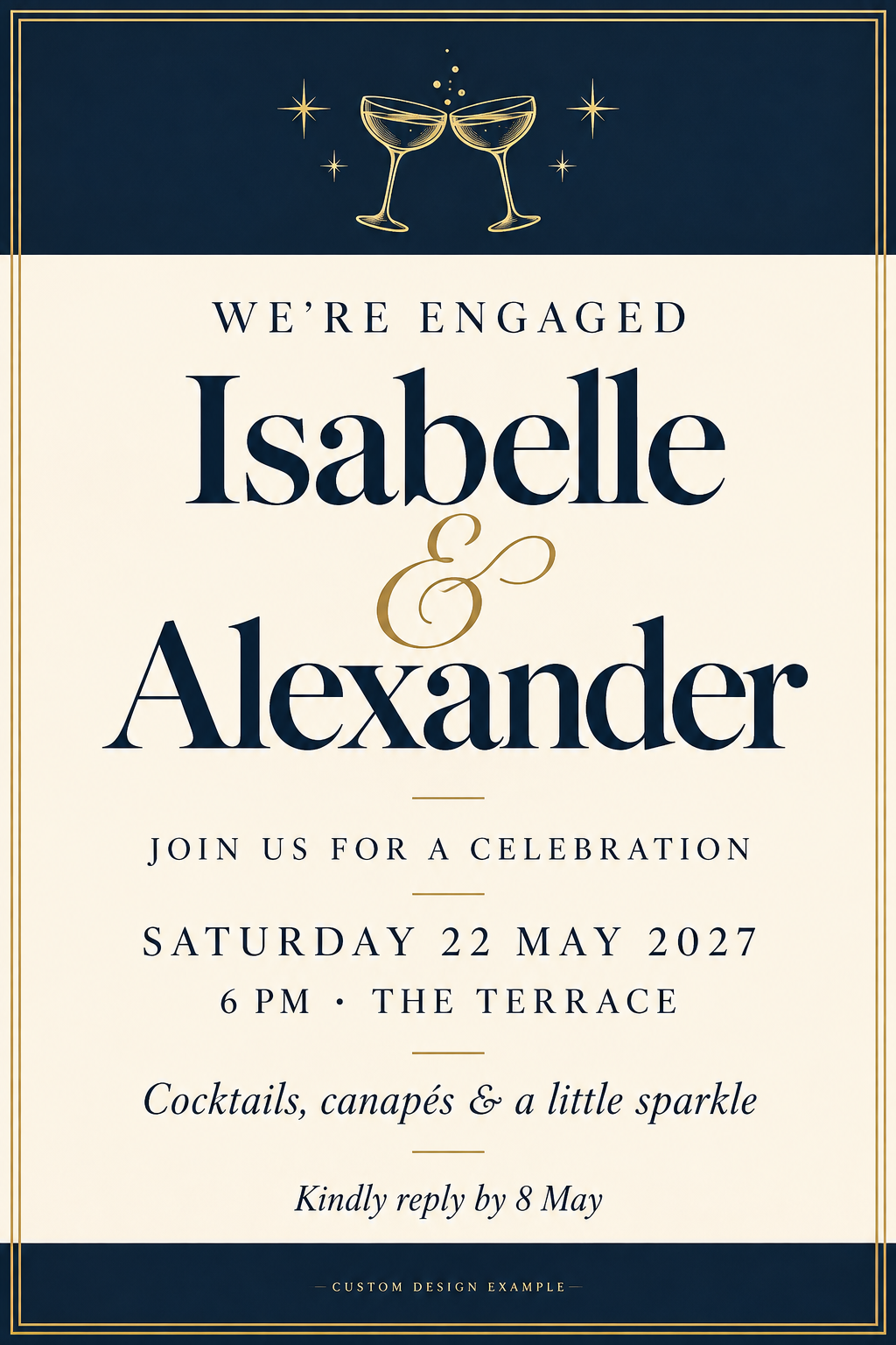Engagement digital invitation design with navy borders, gold details and an illustration of champagne glasses.