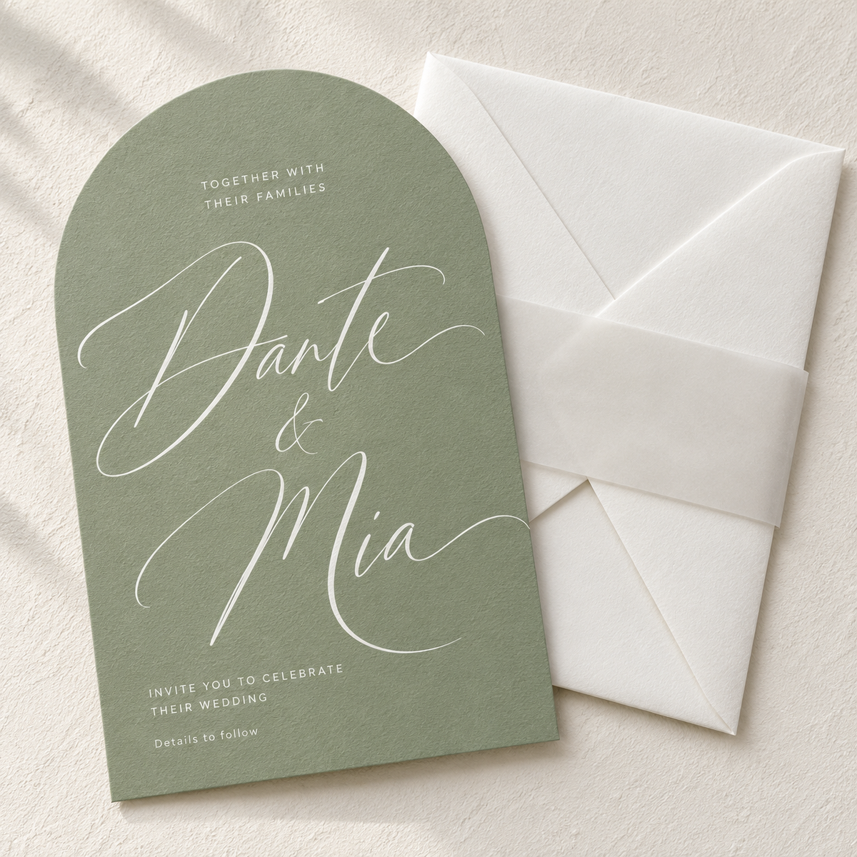 Sage green arched digital wedding invitation design with white script and a white envelope.