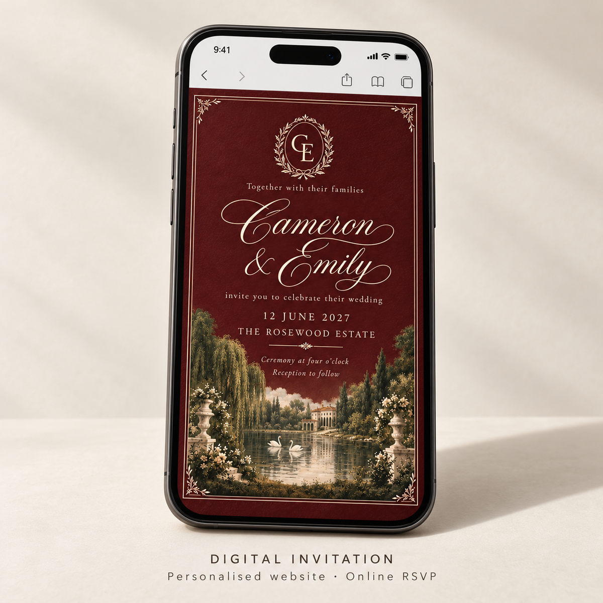 Personalised digital invitation website shown on a phone, with Cameron and Emily wedding artwork and online RSVP offering