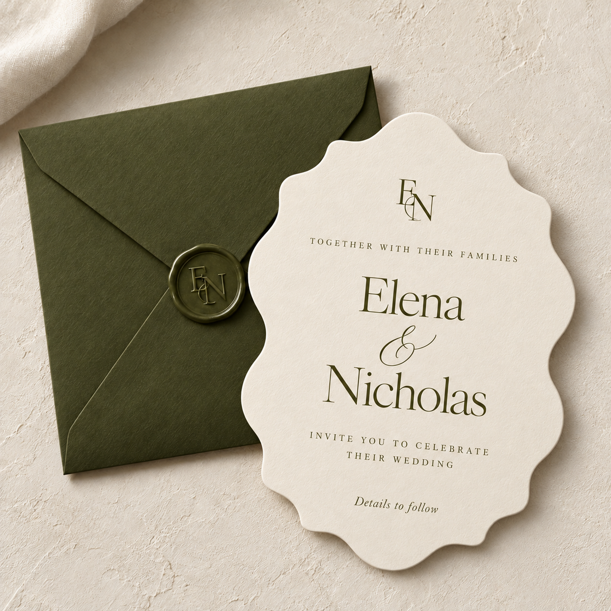 Cream bracket-shaped digital wedding invitation design beside an olive envelope with a monogram seal.