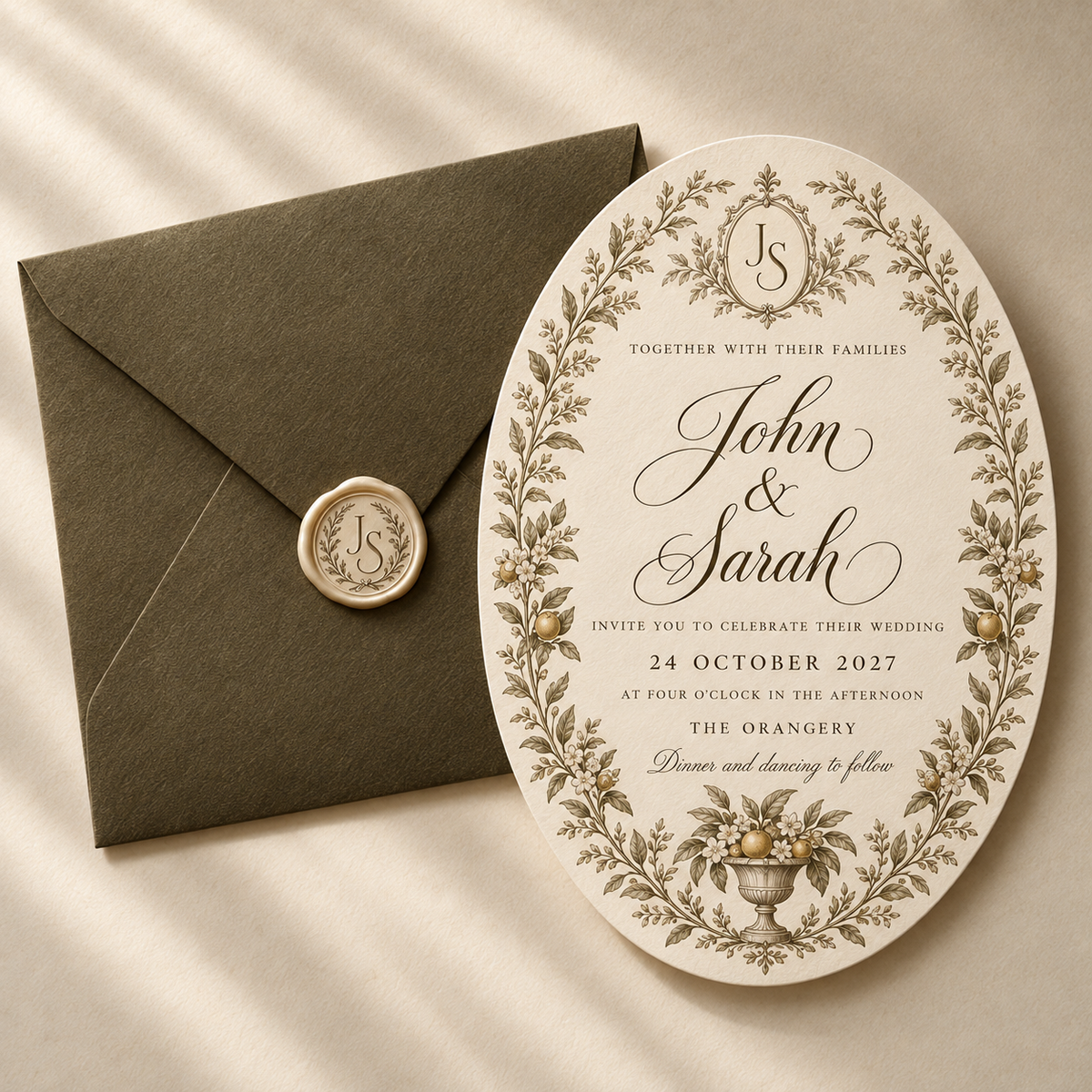 Oval cream digital wedding invitation design with botanical borders beside an olive envelope.
