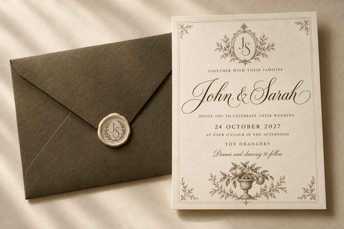 Vintage digital wedding invitation design with botanical flourishes beside an olive envelope and wax seal.