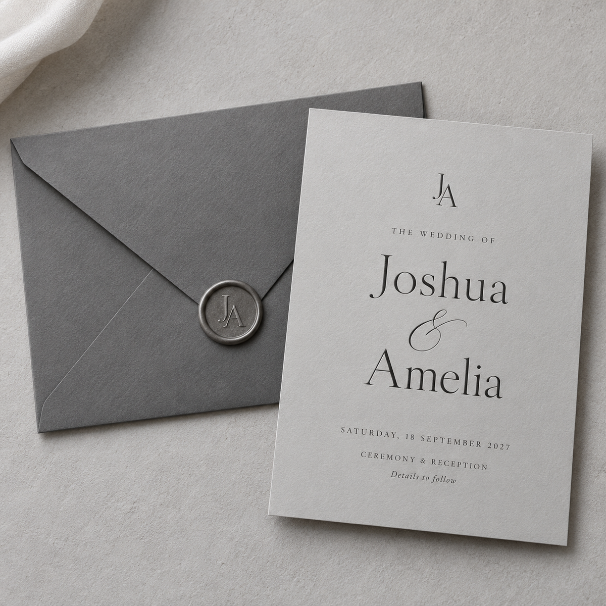 Minimalist grey digital wedding invitation design with a matching envelope and monogram wax seal.