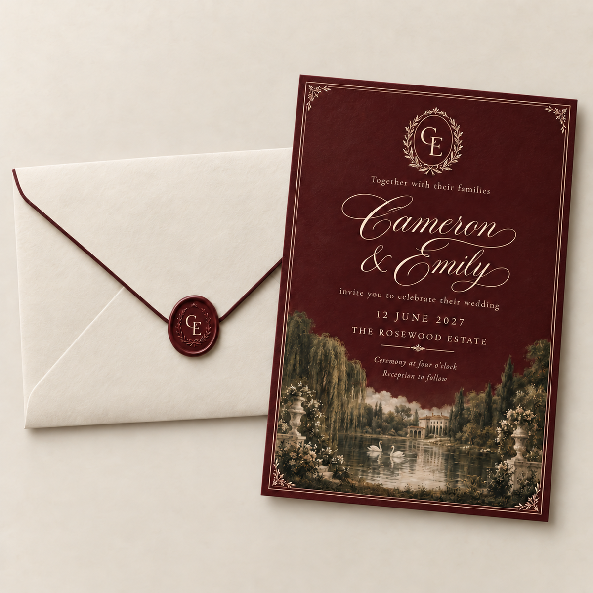 Digital wedding invitation design with burgundy artwork, a landscape illustration and sealed cream envelope.