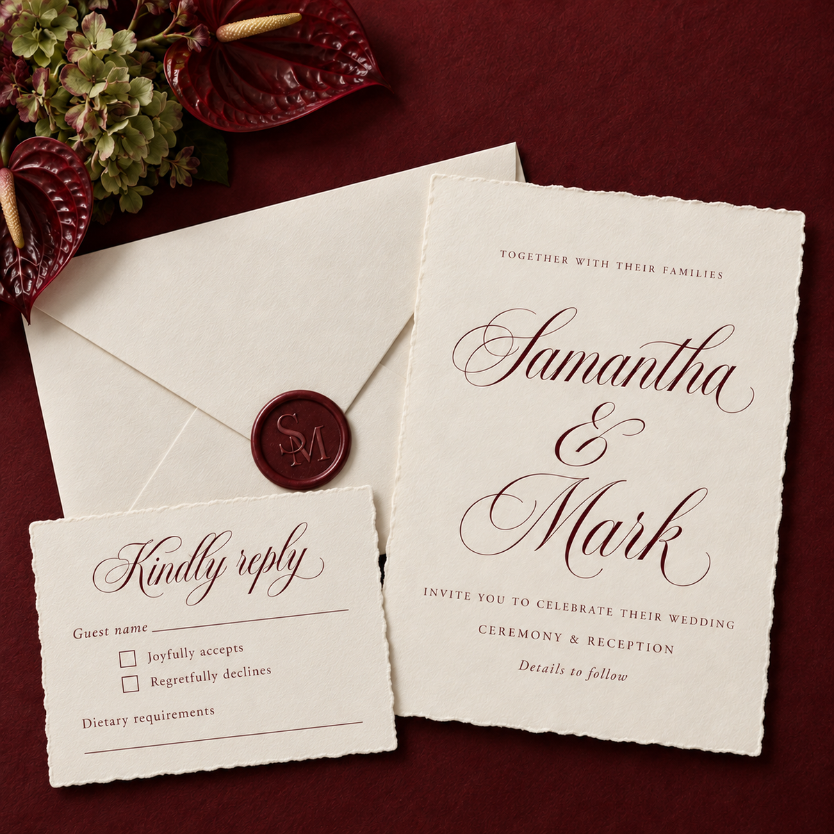 Burgundy-themed digital wedding invitation design with cream invitation, RSVP card and sealed envelope.